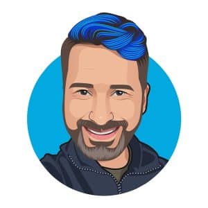 Caricature of Aaron Jeskey with a blue background, featuring a smiling face, short hair with blue highlights, and a beard.