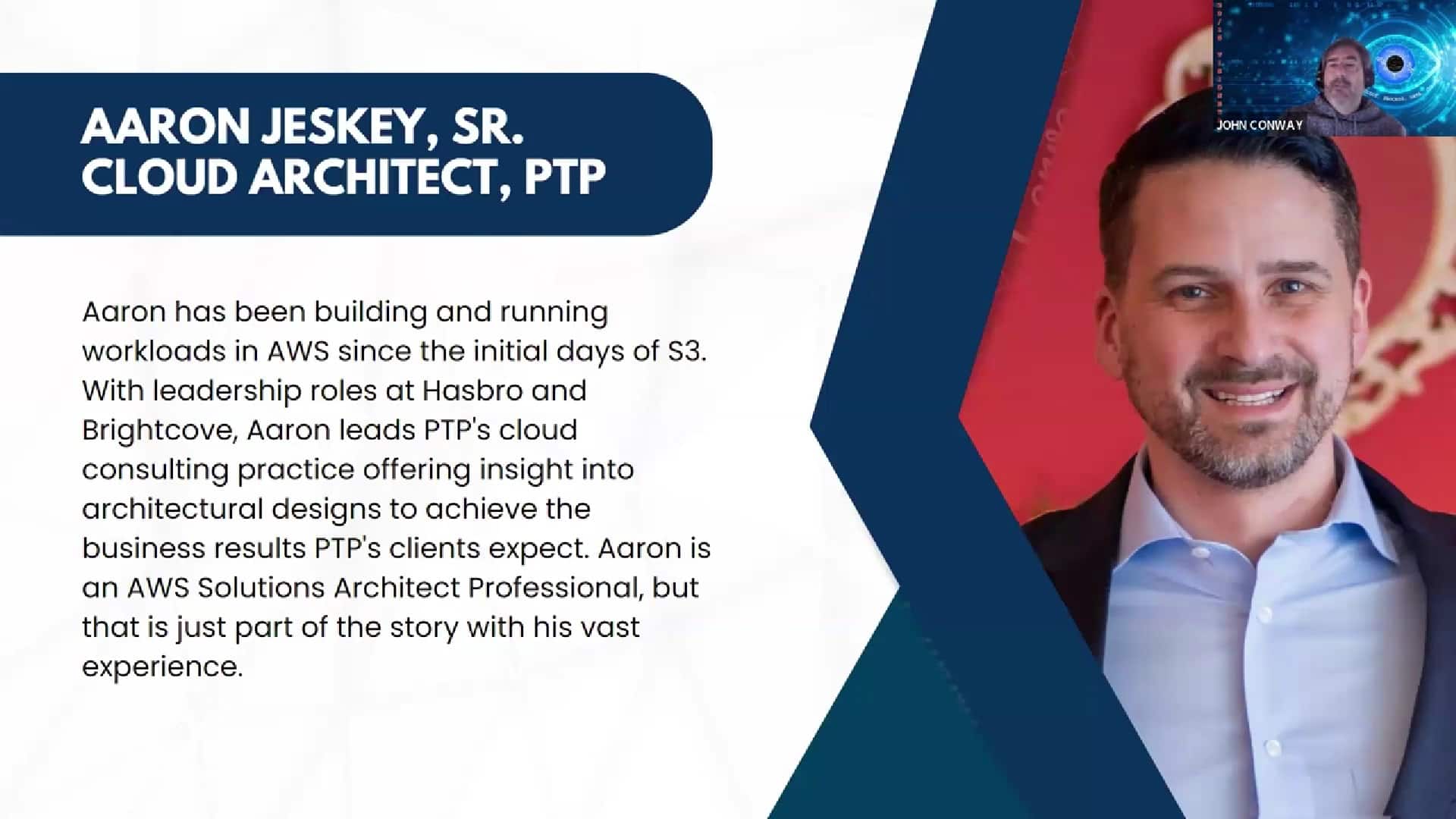 Professional profile of Aaron Jeskey, Sr. Cloud Architect at PTP, with a brief summary of his career in AWS solutions and leadership roles.