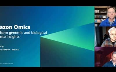 Promotional image for an on-demand webinar titled Accelerating Biotech Treatment Development with Amazon Omics featuring logos of AWS and AWS Life Sciences, a video player timeline, and speaker information for Lee Pang and Aaron Jeskey.