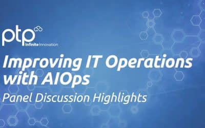 Graphic for a blog post titled "Improving IT Operations with AIOps, Panel Discussion Highlights," featuring white bold text on a blue hexagonal backdrop with the white PTP logo.