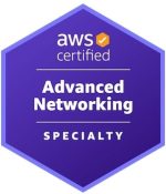 AWS Certified Advanced Networking Specialty badge. The badge is hexagonal with a dark purple background and a lighter purple border. At the top, the AWS logo with an orange checkmark is followed by the words "certified" in white lowercase letters. Below, the text "Advanced Networking" is centered in bold white letters, and at the bottom, the word "Specialty" is displayed in uppercase white letters.