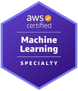 AWS Certified Machine Learning Specialty badge. The badge is hexagonal with a dark purple background and a lighter purple border. At the top, the AWS logo with an orange checkmark is followed by the words "certified" in white lowercase letters. Below, the text "Machine Learning" is centered in bold white letters, and at the bottom, the word "Specialty" is displayed in uppercase white letters.