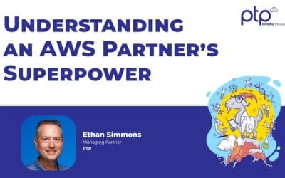 Slide featuring Ethan Simmons titled "Understanding an AWS Partner’s Superpower" with cartoon goat in lab coat surrounded by scientific symbols.