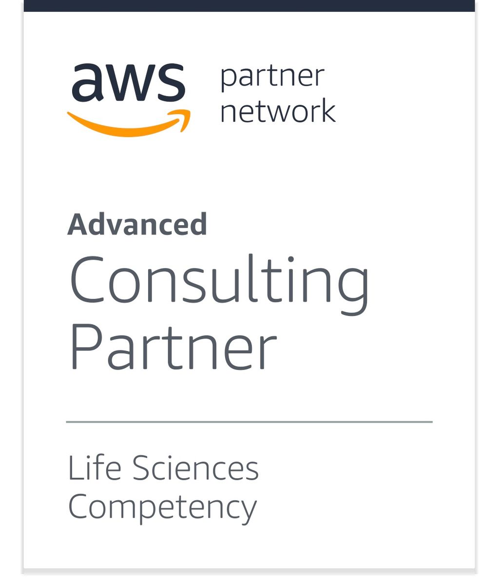 AWS Partner Network badge showing Advanced Consulting Partner with Life Sciences Competency
