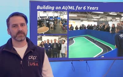 Aaron Jeskey presenting on AI and ML practices at Bio-IT World 2024, with visuals related to the Rational AI Architect framework onscreen.