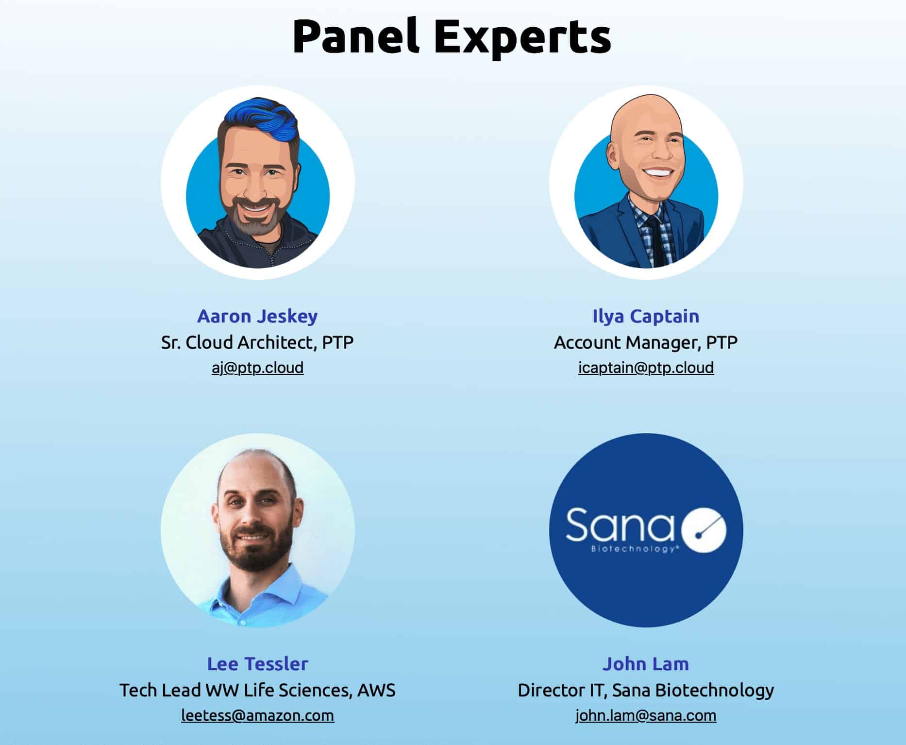 Illustrative portraits of four panel experts, Aaron Jeskey, Ilya Captain, Lee Tessler, and John Lam, featured in a promotional material for an AWS Life Sciences event.
