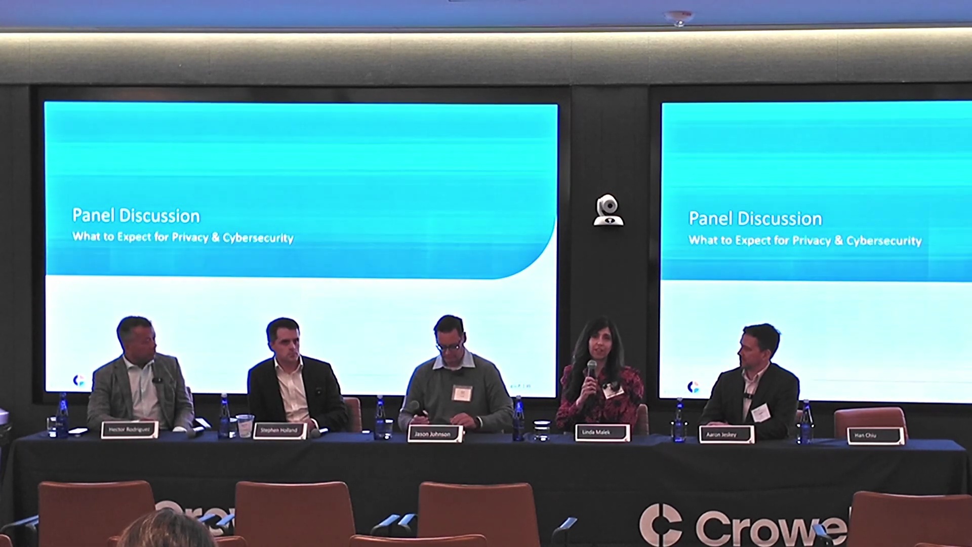 Panel discussion at Charting a Path for Compliance in Life Sciences featuring Hector Rodriguez, Stephen Holland, Jason Johnson, Linda Malek, Aaron Jeskey, and Han Chiu discussing privacy and cybersecurity. Crowell branding visible.