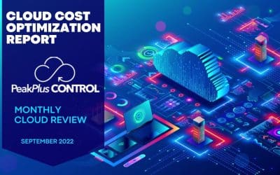 Generic tech cloud stock photo enhanced with the title "Cloud Cost Optimization Report – PeakPlus CONTROL Services", showcasing a visual representation of cloud computing icons and graphs, symbolizing PTP's use of advanced tools for cloud cost management. Includes peakplus control logo