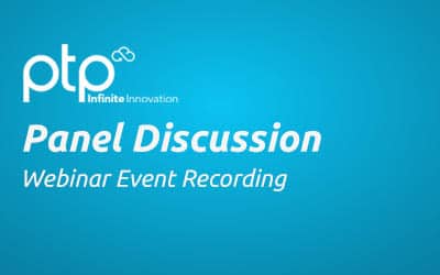PTP Panel Discussion webinar event recording announcement with PTP Infinite Innovation logo on a blue background.