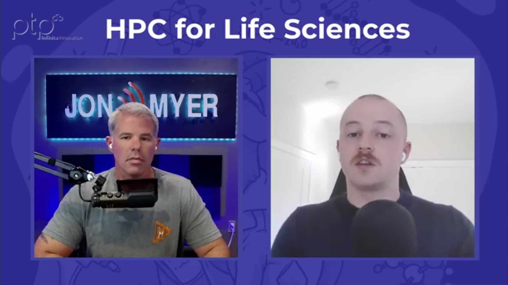 Screenshot of Jon Myer and Aidan Sullivan discussing High-Performance Computing (HPC) for Life Sciences during a PTP-hosted virtual event.