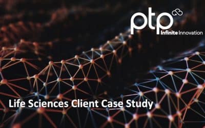 An image showing a network-like structure with the PTP logo and the text "Life Sciences Client Case Study."