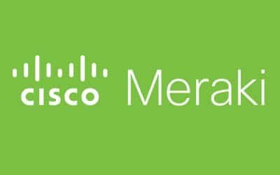 The Cisco Meraki logo is displayed on a green background. The logo consists of the word "Cisco" in white, followed by a vertical line and the word "Meraki" in white.