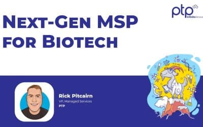 Slide titled "Next-Gen MSP for Biotech" featuring Rick Pitcairn of PTP and an illustrated goat in a lab coat surrounded by scientific symbols.