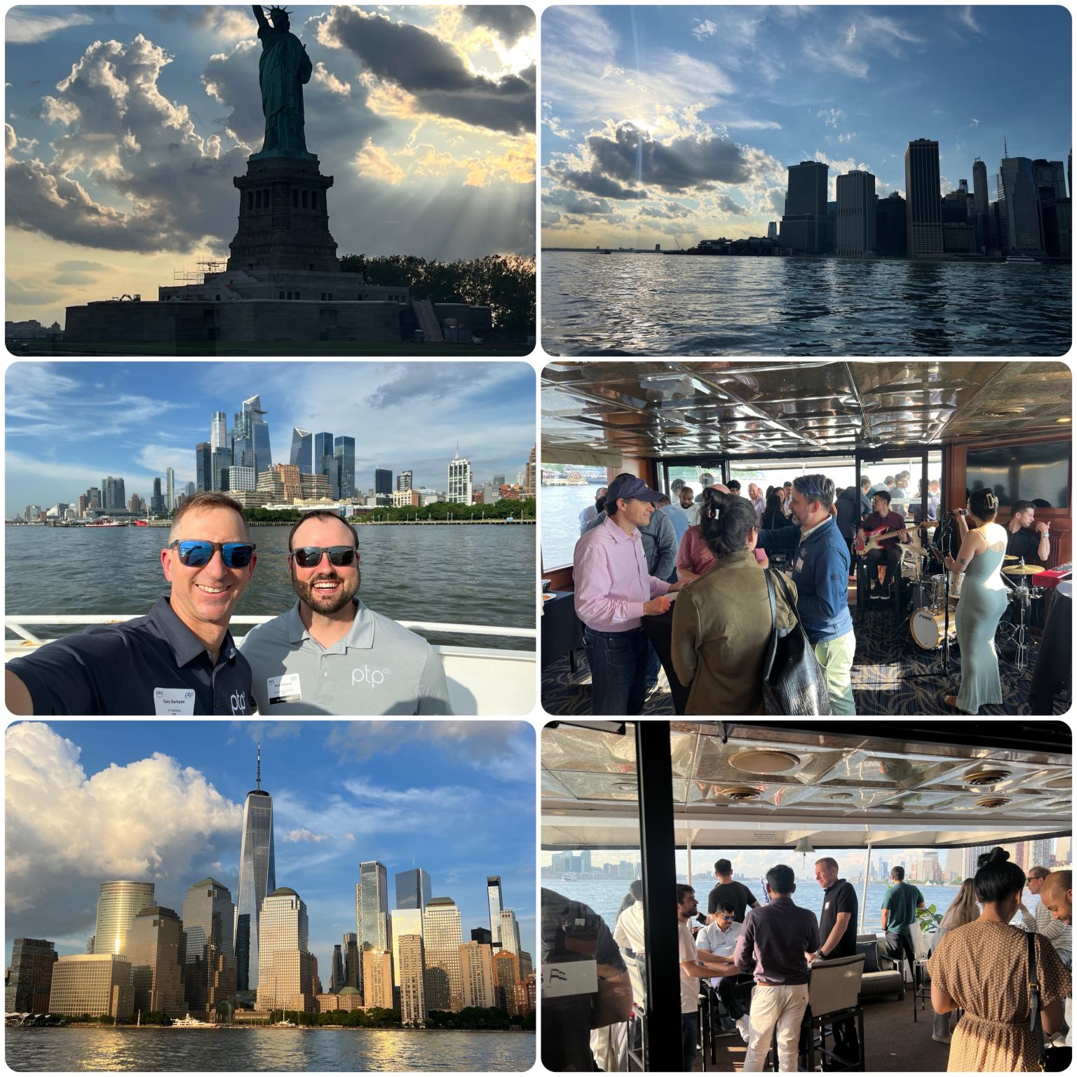 A collage of photos from the AWS & PTP Harbor Cruise during NY TechWeek 2024, featuring views of the Statue of Liberty, the Manhattan skyline, and networking among biotech innovators and VCs aboard the ship.