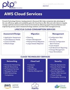 Cover page of the whitepaper titled "PTP AWS Cloud Services," detailing services for cloud migration, management, and security provided by Pinnacle Technology Partners.