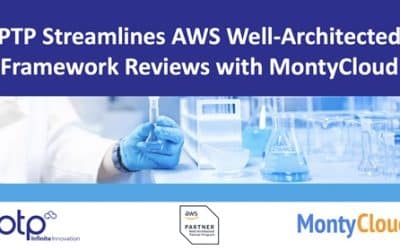 Feature image for PTP's partnership with MontyCloud to streamline AWS Well-Architected Framework Reviews. The image features a laboratory setting with a close-up of a gloved hand handling lab equipment. The PTP, AWS Partner, and MontyCloud logos are displayed at the bottom.
