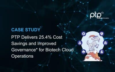 Case study graphic featuring a goat standing on a mountain with a networked background, symbolizing PTP's success in delivering 25.4% cost savings and improved governance for biotech cloud operations, alongside the PTP logo.