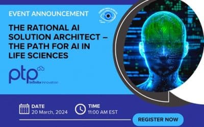 Feature image for PTP's event announcement on "The Rational AI Solution Architect – The Path for AI in Life Sciences." The image includes a futuristic AI head illustration on the right and event details on the left, featuring the PTP logo, event date, time, and registration information.