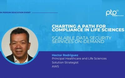 Headshot of Hector Rodriguez, Principal Industry Specialist at AWS, next to title text that reads “Strengthening Security & Compliance in Life Sciences” over a blue background with AWS and PTP branding.
