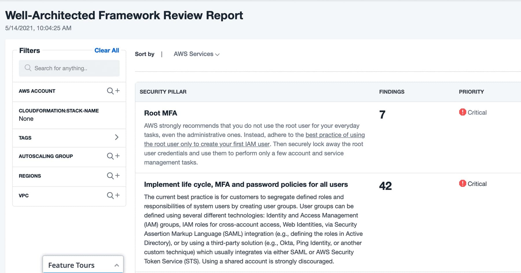 A screenshot of a Well-Architected Framework Review Report showing security pillar findings. It includes critical issues related to Root MFA and the implementation of life cycle, MFA, and password policies for all users.
