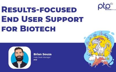 PTP's Brian Souza featured with the headline "Results-Focused End User Support for Biotech" and illustrated science goat mascot.