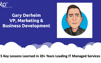 Feature image for the blog post "5 Key Lessons Learned in 20+ Years Leading IT Managed Services," displaying a simple blue background with white text and a caricature of Gary Derheim, the author and VP of Marketing & Business Development at PTP.