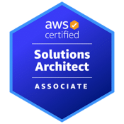 AWS Certified Badge for Solutions Architect Associate with blue background and light blue outline.
