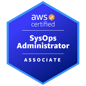 AWS Certified Badge for SysOps Administrator Associate with blue background and lighter blue outline.