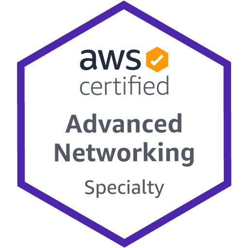 AWS Certified Badge for Advanced Networking Specialty with white background and purple outline.