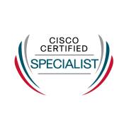 The Cisco Certified Specialist logo features the words "Cisco Certified Specialist" in bold letters. The word "Cisco" is placed at the top in smaller, black uppercase letters, while "Certified" is positioned below it in the same style but slightly larger. "Specialist" is the most prominent word, displayed in larger blue uppercase letters. Surrounding the text are curved lines in red, blue, and gray, forming a semicircle around the words.