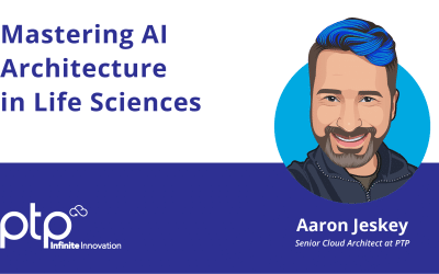 Banner for the blog post "Mastering AI Architecture in Life Sciences" featuring a caricature of Aaron Jeskey, Senior Cloud Architect at PTP, with the PTP logo.