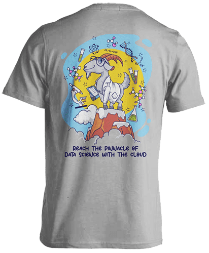 PTP Biotech Guru GOAT t-shirt featuring a cartoon goat on a cloud with data science symbols and slogan: 'Reach the pinnacle of data science with the cloud.'