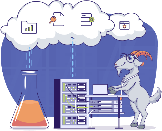 Goat researcher at a server rack with cloud and lab flask