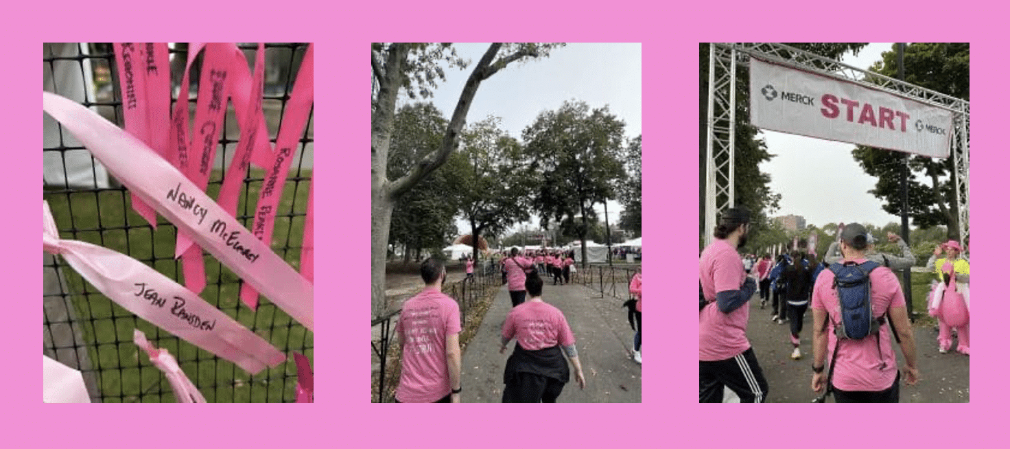 Collage of images from the Making Strides Against Breast Cancer Walk in Boston, featuring participants in pink shirts, scenes of the walk, and fundraising activities.