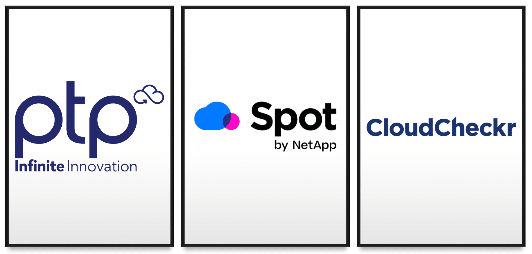 Virtual event image featuring three logos—PTP, Spot, and CloudCheckr—arranged in three equal columns, each framed by a black border, symbolizing a panel discussion on cloud management and optimization.